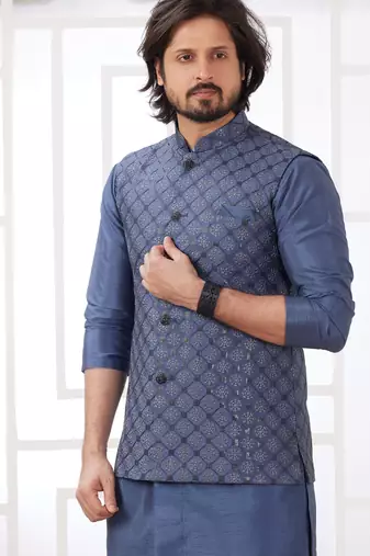 blue  art silk kurta nehru jacket set for men
