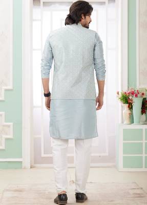 blue  art silk kurta nehru jacket set for men 4