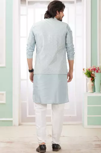 blue  art silk kurta nehru jacket set for men