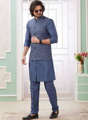 blue  art silk kurta nehru jacket set for men 3