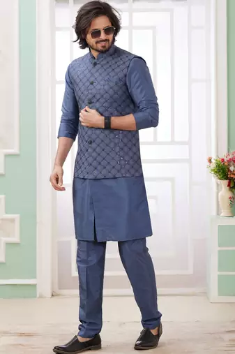 blue  art silk kurta nehru jacket set for men