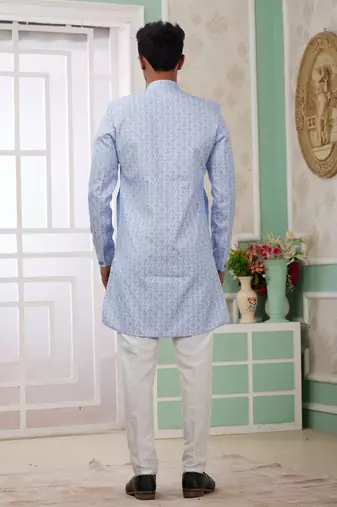 blue banarasi jacquard sherwani for men