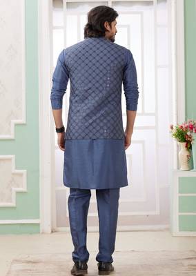 blue  art silk kurta nehru jacket set for men 4