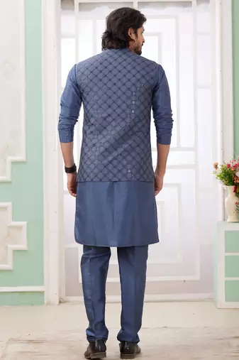 blue  art silk kurta nehru jacket set for men