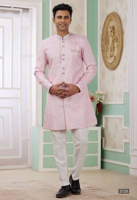 pink banarasi jacquard sherwani for men 1
