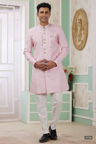 Pink banarasi jacquard semi indo for men