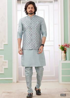 grey  art silk kurta nehru jacket set for men 1