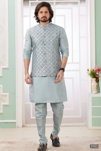Grey  art silk kurta jacket set for men