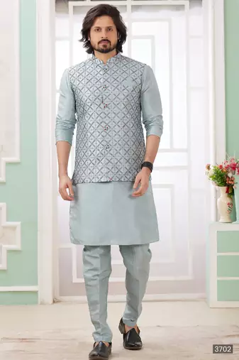 Grey  art silk kurta jacket set for men