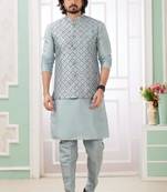 Grey  art silk kurta jacket set for men