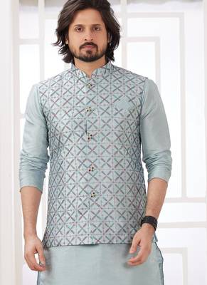 grey  art silk kurta nehru jacket set for men 2