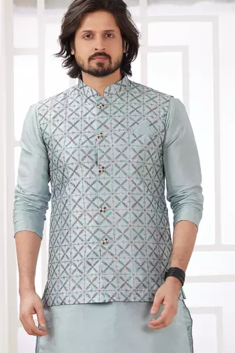 grey  art silk kurta nehru jacket set for men
