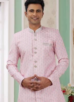 pink banarasi jacquard sherwani for men 2
