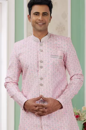 pink banarasi jacquard sherwani for men