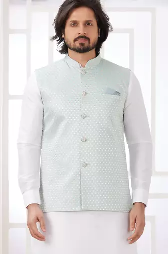 pista  art silk kurta nehru jacket set for men