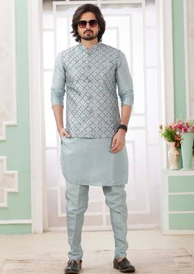 grey  art silk kurta nehru jacket set for men 3