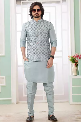 grey  art silk kurta nehru jacket set for men