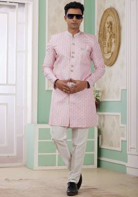 pink banarasi jacquard sherwani for men 3
