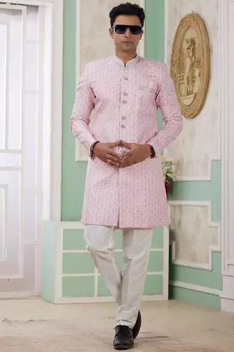 pink banarasi jacquard sherwani for men
