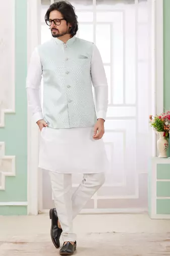 pista  art silk kurta nehru jacket set for men