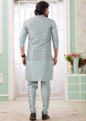 grey  art silk kurta nehru jacket set for men 4