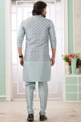 grey  art silk kurta nehru jacket set for men