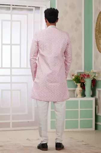 pink banarasi jacquard sherwani for men