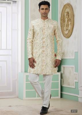 yellow banarasi jacquard sherwani for men 1