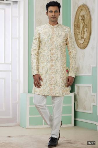 Yellow banarasi jacquard semi indo for men