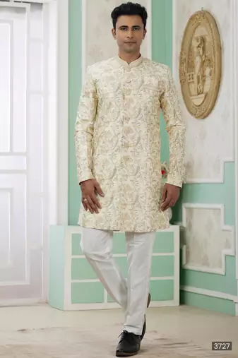 Yellow banarasi jacquard semi indo for men