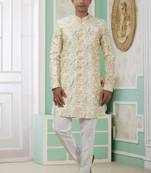 Yellow banarasi jacquard semi indo for men