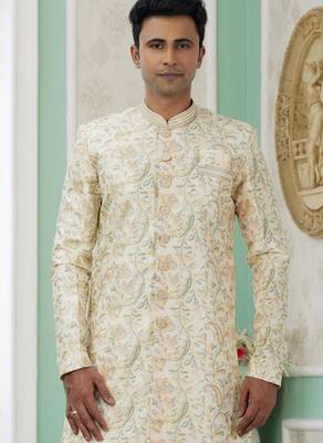 yellow banarasi jacquard sherwani for men 2