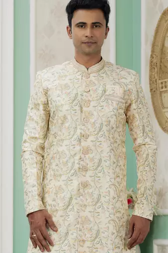 yellow banarasi jacquard sherwani for men