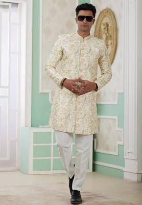 yellow banarasi jacquard sherwani for men 3