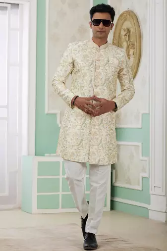 yellow banarasi jacquard sherwani for men