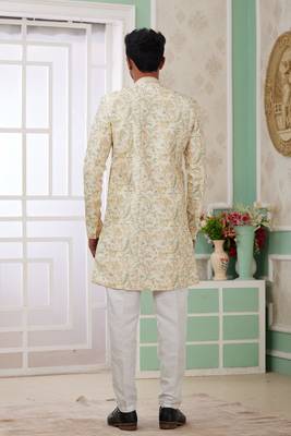 yellow banarasi jacquard sherwani for men 4