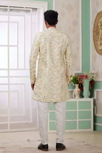 yellow banarasi jacquard sherwani for men