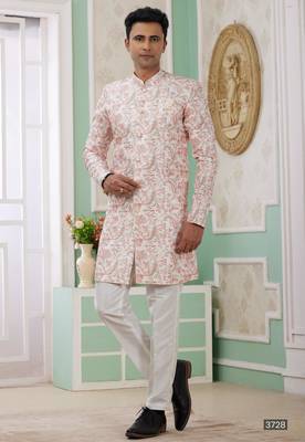 peach banarasi jacquard sherwani for men 1