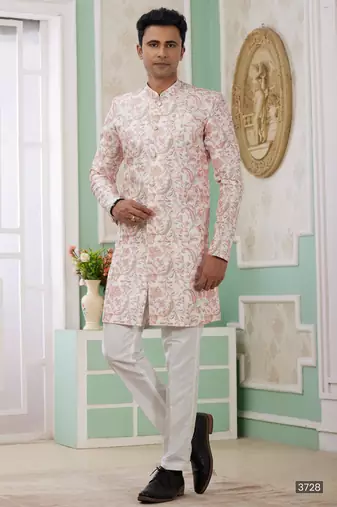 Peach banarasi jacquard semi indo for men