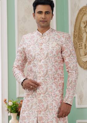 peach banarasi jacquard sherwani for men 2