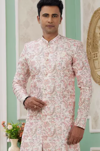 peach banarasi jacquard sherwani for men