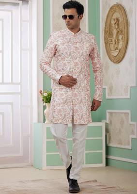 peach banarasi jacquard sherwani for men 3