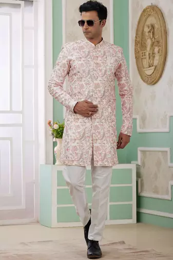 peach banarasi jacquard sherwani for men