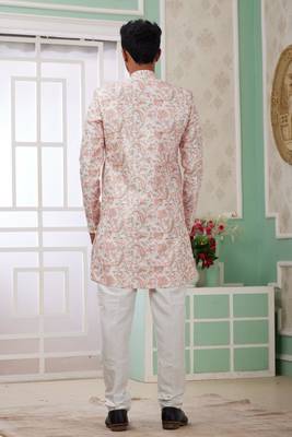 peach banarasi jacquard sherwani for men 4