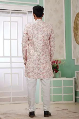 peach banarasi jacquard sherwani for men