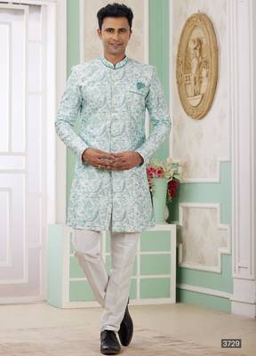 green banarasi jacquard sherwani for men 1