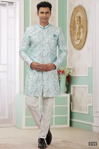 Green banarasi jacquard semi indo for men