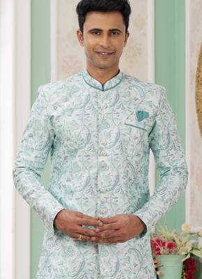 green banarasi jacquard sherwani for men 2