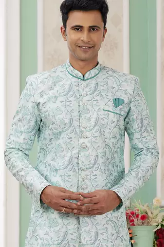 green banarasi jacquard sherwani for men