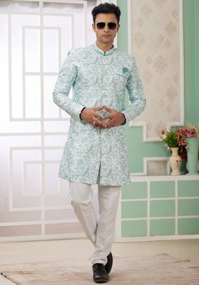 green banarasi jacquard sherwani for men 3